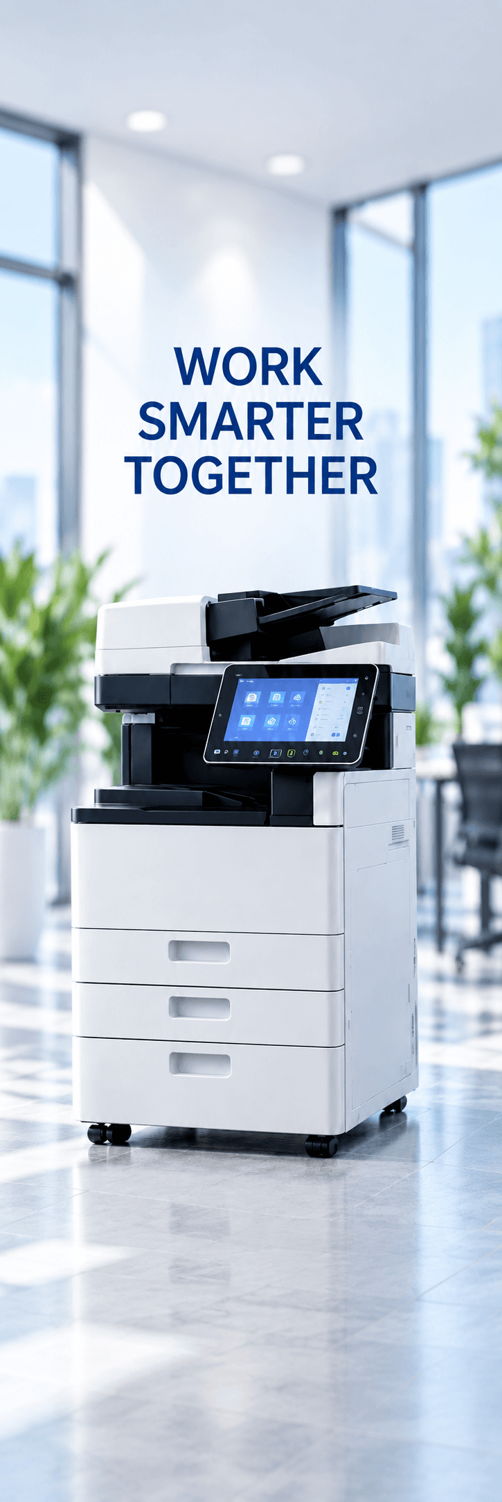 Modern multifunction office printers in a bright corporate workspace